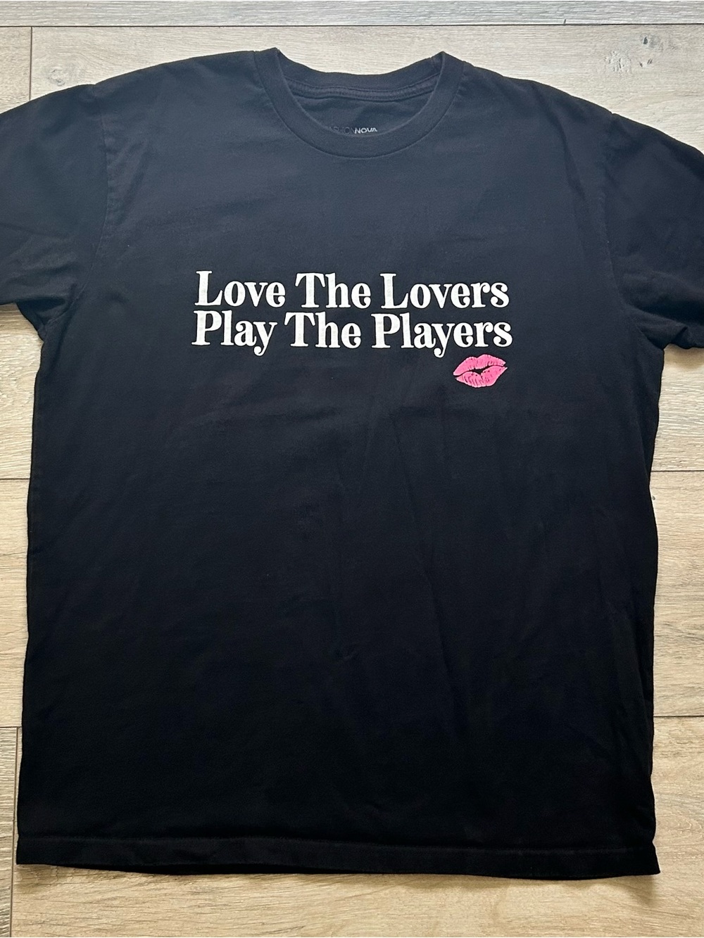 Fashion Nova Black Short Sleeve Tee with White Slogan and Pink Lip